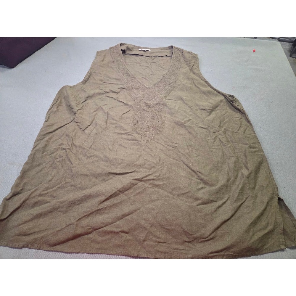 Saint Tropez Womens 3X Olive Green Linen Blend Sleeveless V-Neck Embroidered Top